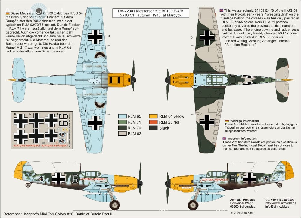 DECALS Messerschmitt Bf 109 E-4 "Achtung Anfänger"  1/72